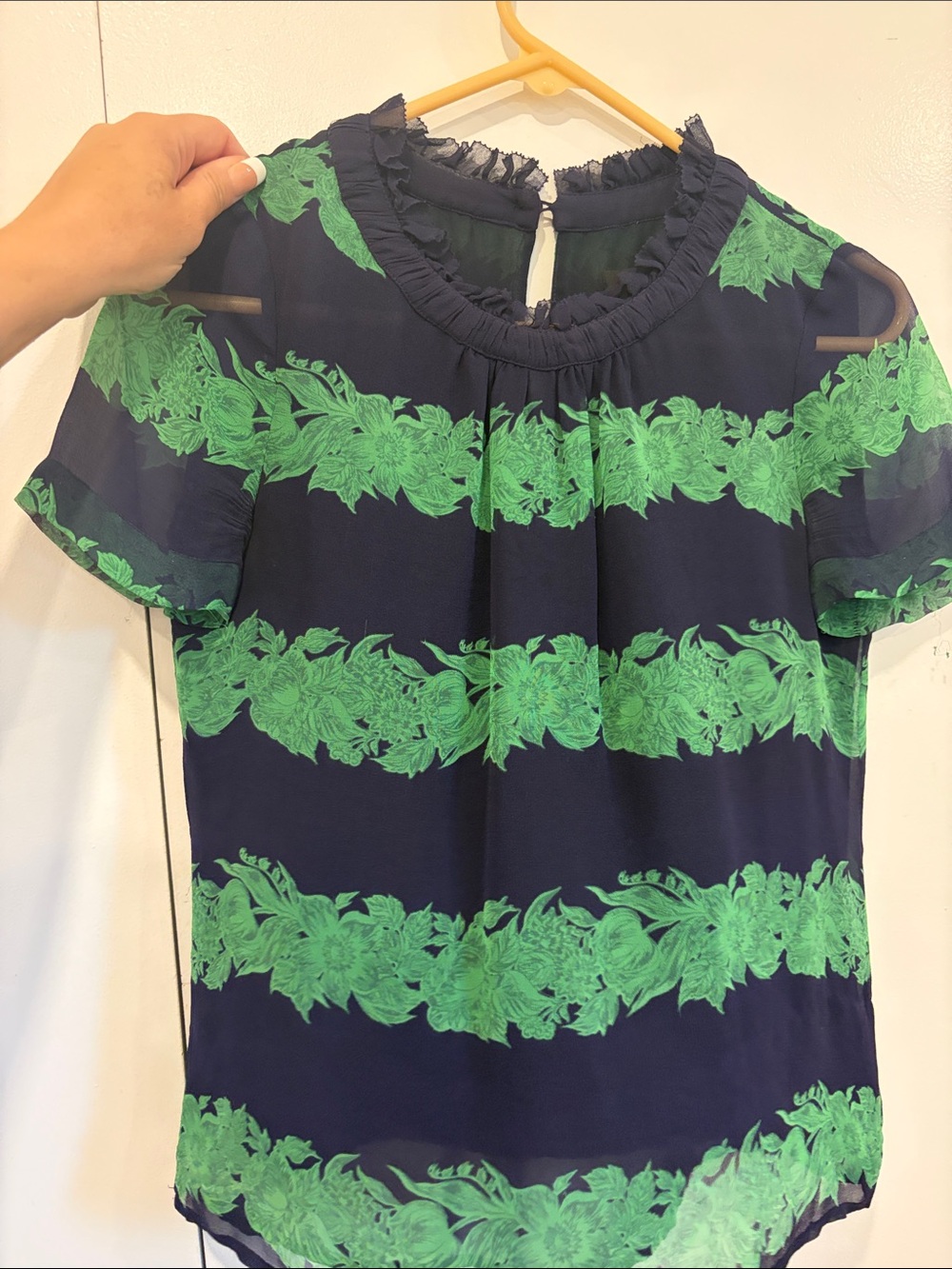 J Crew 00 Women’s Navy Blue & Green Floral Stripe Blouse